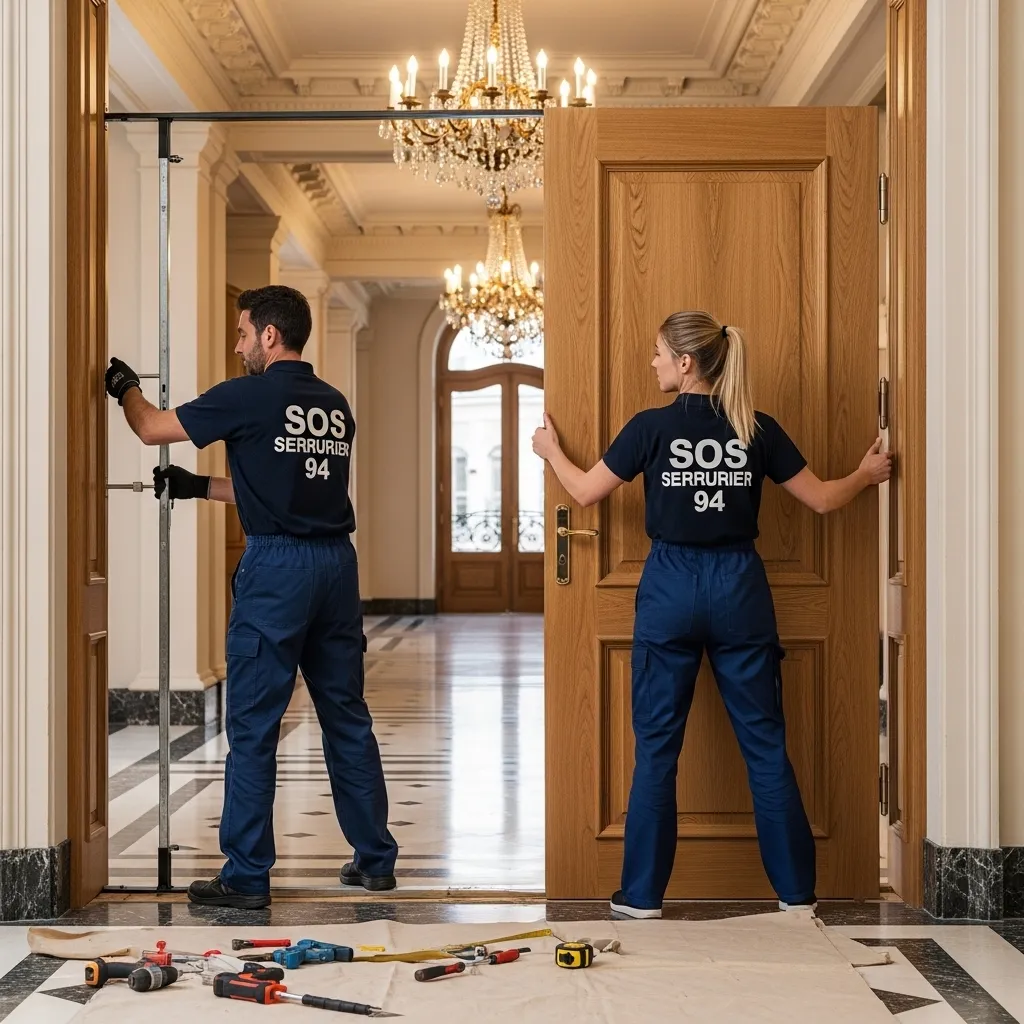 Équipe SOS Serrurier 94 installant une porte blindée